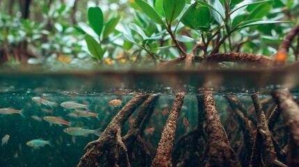 Underwater View of Mangrove Roots Surrounded by Various Tropical Fish in a Lush Ecosystem Filtering Sunlight Through Clear Water