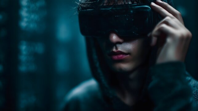 Focused young person wearing a VR headset hand touching the device immersed in a dark futuristic digital environment