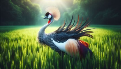 a Grey Crowned Crane, one of Africa's most elegant birds. the artwork showcases the crane's distinctive features: its striking golden crown of stiff feathers radiating from its head