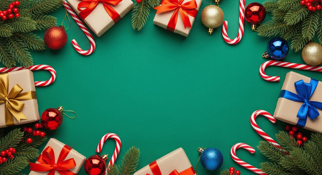 Festive christmas border of gifts ornaments candy canes and greenery on teal background