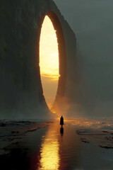 Lone Traveler Before Ancient Portal on a Shattered World – Epic Sci-Fi Fantasy Scene