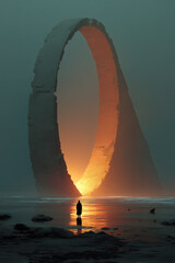 Lone Traveler Before Ancient Portal on a Shattered World – Epic Sci-Fi Fantasy Scene