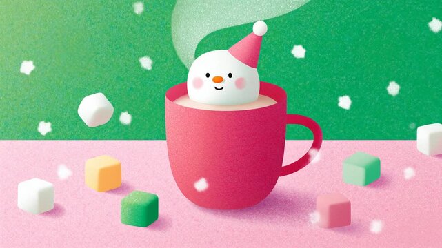 Marshmallow Snowman Wearing Santa Hat Melting in Red Mug of Hot Cocoa, Snowing, Cute Christmas Holiday Animation, Winter Festive Illustration.