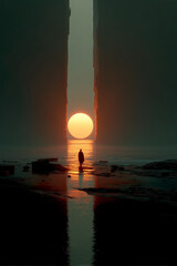 Lone Traveler Before Ancient Portal on a Shattered World – Epic Sci-Fi Fantasy Scene