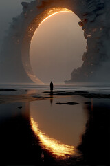 Lone Traveler Before Ancient Portal on a Shattered World – Epic Sci-Fi Fantasy Scene