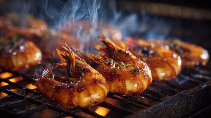 Grilled Shrimp on Barbecue Grill Producing Steam Indoors with Smoky Background and Delicious Glaze Capture of Fresh Seafood Cooking Culinary Delight