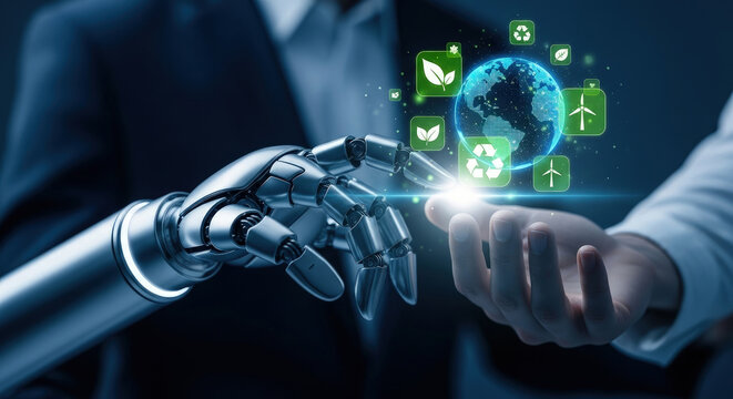 AI and Sustainable Technology Concept: Robot Hand Holding Digital Earth Globe with Green Energy Icons. Future Innovation for Ecology and Environment