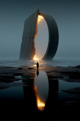 Lone Traveler Before Ancient Portal on a Shattered World – Epic Sci-Fi Fantasy Scene