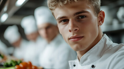 A young chef in pristine whites, his gaze focused and determined, stands in a bustling kitchen. Other chefs are visible in the background, creating an atmosphere of culinary excellence.
