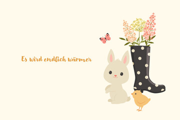 Cute spring bunny and chick illustration with floral rain boot, butterfly, and flowers — adorable spring artwork with phrase meaning it’s finally getting warmer