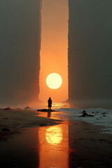 Lone Traveler Before Ancient Portal on a Shattered World – Epic Sci-Fi Fantasy Scene