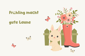 Cute spring bunny and butterflies illustration with floral rain boot and flowers — lovely seasonal artwork with phrase meaning spring brings good mood