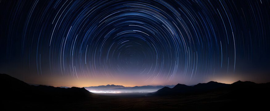 The mesmerizing circular star trails glow above the endless dark horizon.