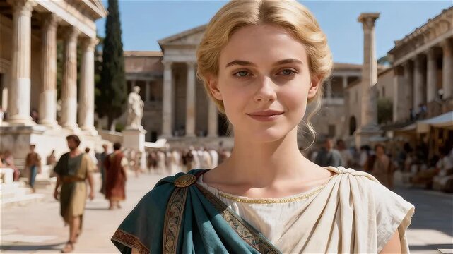 Mujer joven rubia con atuendo romano de pie en un concurrido foro romano