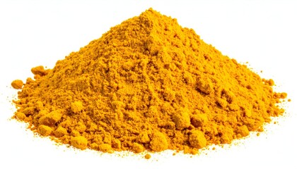 A pile of vibrant yellow powder, isolated on white, with a textured surface