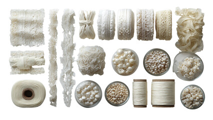 Arrangement of various white lace and pearl materials showcasing textures and craftsmanship perfect for DIY projects isolated on transparent background