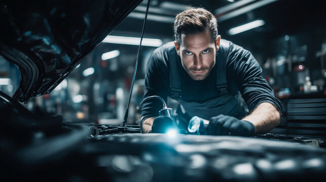 Mechanic inspecting a car engine with a flashlight in a professional auto repair shop