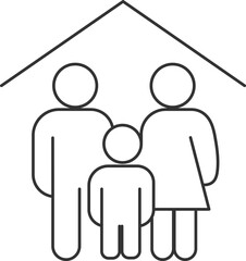 Minimalist line art icon of a family standing under a house roof, symbolizing home and togetherness, isolated on a white background