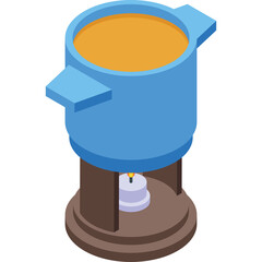 Blue pot with handles filled with orange liquid heated by a small white candle on a brown circular base with a brown stand isometric illustration