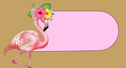 Pink flamingo adorned with flowers stands beside a pastel pink text placeholder