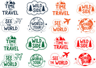 Colorful travel and adventure themed designs featuring text and graphic elements