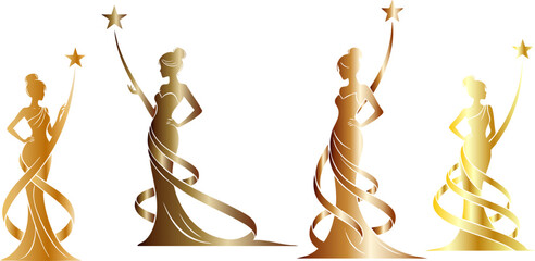 Golden goddess figures holding stars symbolize achievement and feminine power