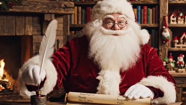 Santa Claus checking his list of naughty and hot girls in his cozy living room with Christmas decorations and fireplace