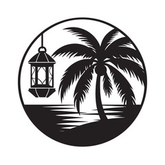Obraz premium Retro Lantern Hanging From Palm Tree Beach Silhouette Scene