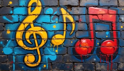 Vibrant graffiti art features musical notes and a treble clef spray painted on a dark brick wall. Bright yellow and red symbols contrast with the blue background, suggesting urban music culture.