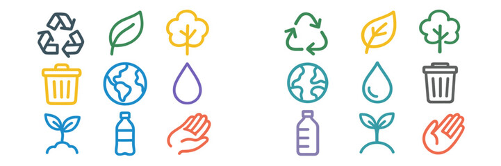 Icons depicting environmental conservation practices and elements of sustainability in a colorful design