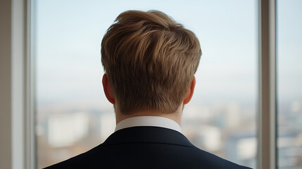 Fototapeta premium Contemplative moment: A man stands before a large window, gazing out at the city skyline. The crisp suit contrasts with the soft daylight, suggesting reflection and forward-thinking.