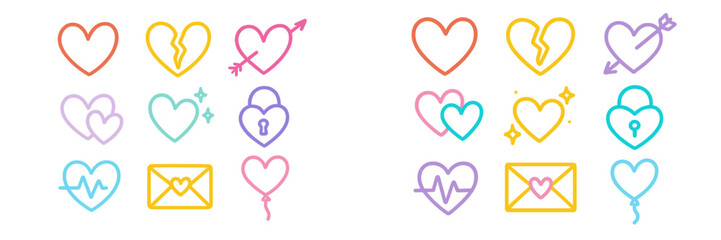 Colorful heart-themed icons featuring different emotions and symbols for digital decoration
