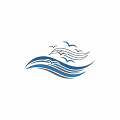 Stylized Ocean Waves and Flying Birds Logo Design.