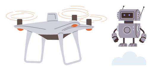 Autonomous aerial quadcopter and humanoid robot standing beside each other. Ideal for robotics, technology, innovation, AI, science, automation, education. Simple flat metaphor
