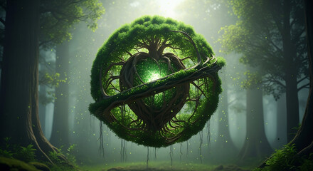 Enchanting nature artwork with a glowing heart-shaped tree orbited by a branch. Ideal for environmental awareness campaigns, Earth Day greetings, eco-friendly branding.