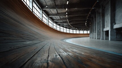 velodrome. Vast empty indoor velodrome with wooden track receding into the distance. event key visuals, club posters, designed for sports event promotions and stadium branding.