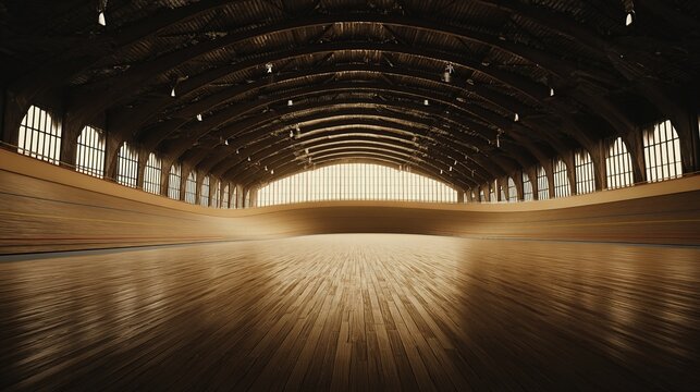 velodrome. Vast empty indoor velodrome with wooden track receding into the distance. event key visuals, club posters, designed for sports event promotions and stadium branding.