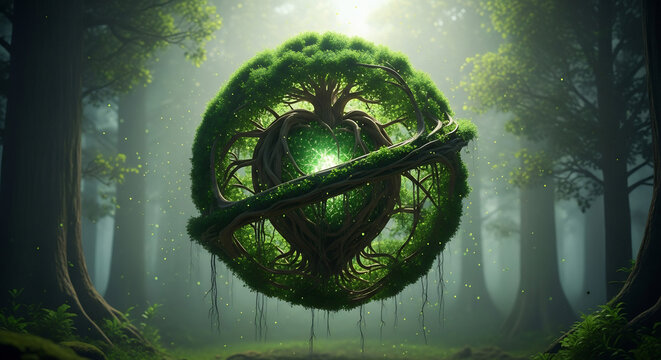 Enchanting nature artwork with a glowing heart-shaped tree orbited by a branch. Ideal for environmental awareness campaigns, Earth Day greetings, eco-friendly branding.