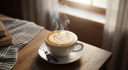 A cup of coffee with latte art sits on a wooden table next to a book and a window