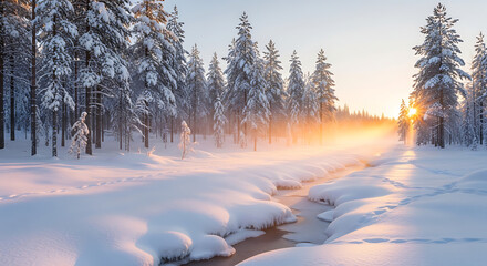 Magical winter wonderland with snow covered trees and a stream at sunrise in finnish lapland