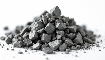 Pile of rough gray nickel ore chunks, pebbles on clean white background. Metallic mineral pieces vary in size, shape, showing texture, raw material qualities for industrial, scientific uses.