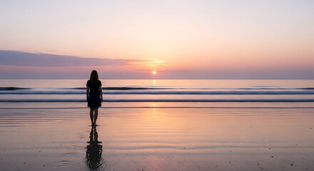 A solitary woman stands on the beach, gazing out at the serene ocean as the sun sets in the distance