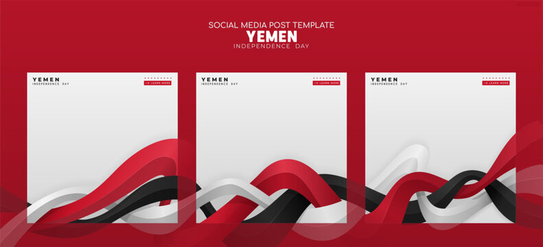 Set of carousel posts template Wavy 3D shapes in red, white, and black suitable for yemen independence day