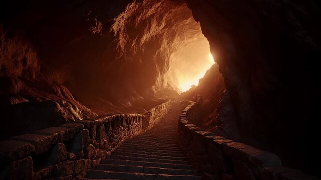 A view of immense stone stairs descending into a distant view of a torchlit underground volcanic cavern