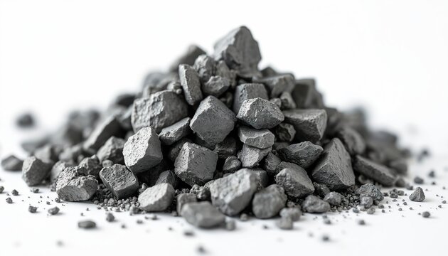 Pile of rough gray nickel ore chunks, pebbles on clean white background. Metallic mineral pieces vary in size, shape, showing texture, raw material qualities for industrial, scientific uses.