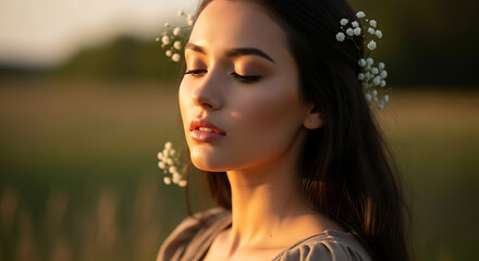 A serene woman with flowers in her hair closes her eyes, basking in the golden light of nature
