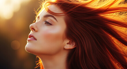 A closeup of a beautiful redhaired woman looking up at the sun with wind blowing through her hair