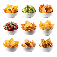 Nine Bowls Tortilla Chips Variety Flavors Display Mexican Cuisine Snack Food