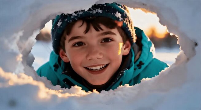 Niño mirando por un agujero de nieve, riendo y jugando