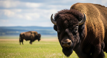 Close up of a majestic bison standing in a grassy field with another bison in the background